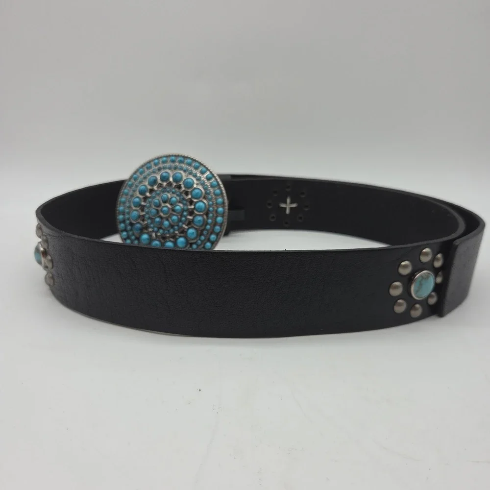 Vintage Boho Genuine Leather Belt Turquoise Stone Medallion Buckle Western LARGE